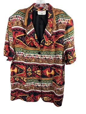 Studio C Button Down Tribal Short Sleeve Blouse